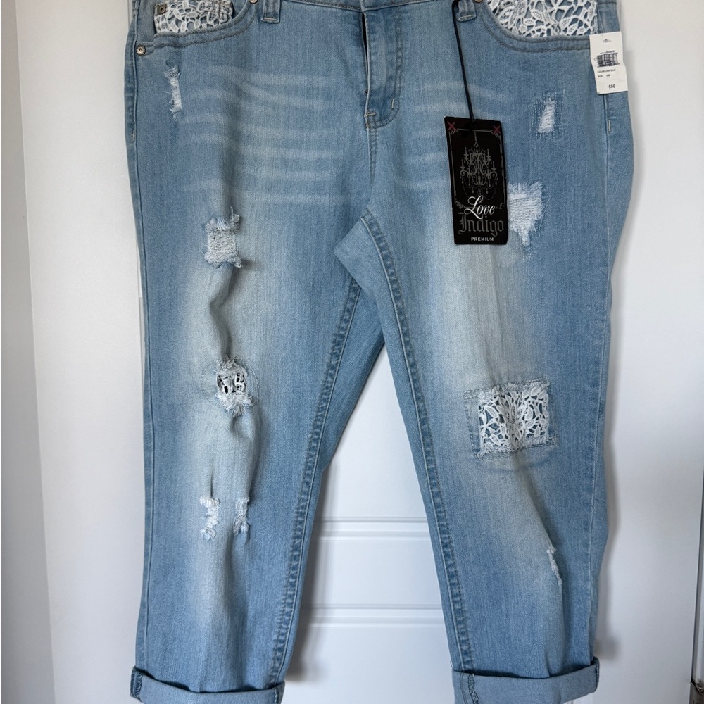 Love Indigo NWT Women's Light Blue Distressed Jeans Lace Detail Size 18W
